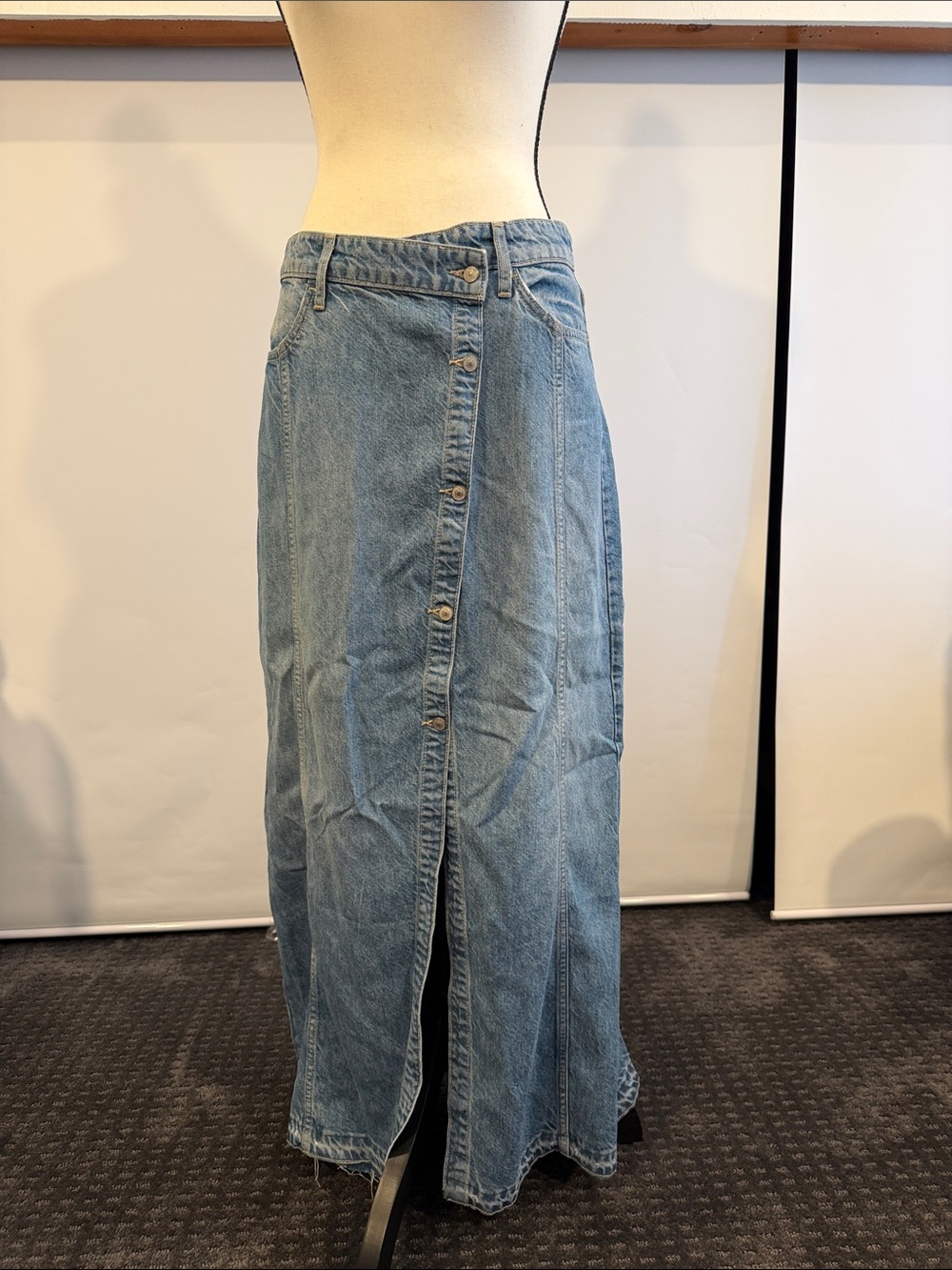 We the Free Button-Front Light Wash Denim Maxi Skirt